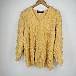 Vintage‎ Fringe Sweater Womens Size L V Neck Cotton USA Cottagecore Boho Yellow